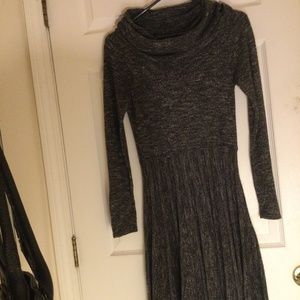 Max Studio sz S long sleeve dark grey sweater dress w/ cowl neck, pleated skirt